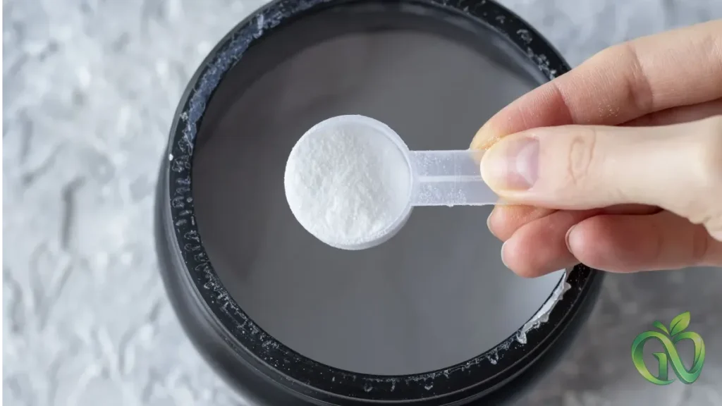 Mão segurando medidor scoop com creatina monoidratada pura