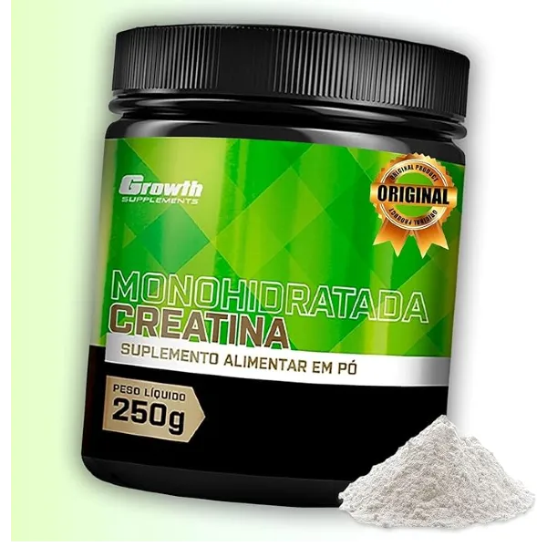 Pote de Creatina Monoidratada Growth Supplements 250g 100% pura para ganho de massa.
