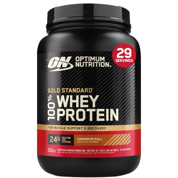 Pote de Gold Standard 100% Whey da Optimum Nutrition, o suplemento padrão ouro internacional.