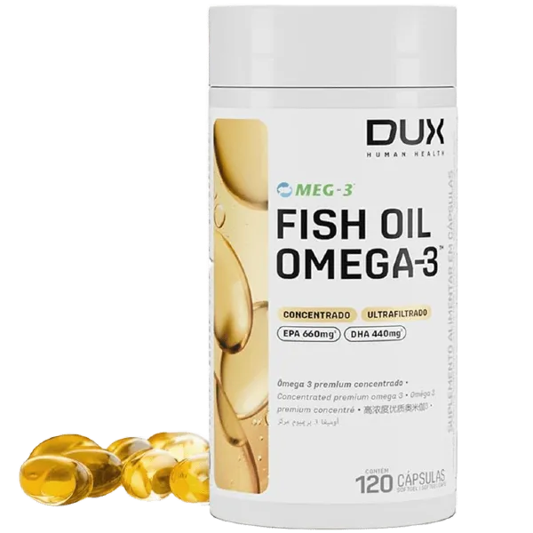 Suplemento Ômega 3 Premium da Dux Nutrition com 1100mg de concentração e selo internacional MEG-3.