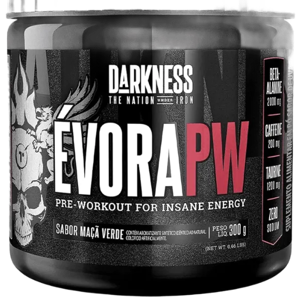 Pré-treino Évora PW Darkness sabor Maçã Verde de 300g focado em resistência e performance física - Guia Nutri.
