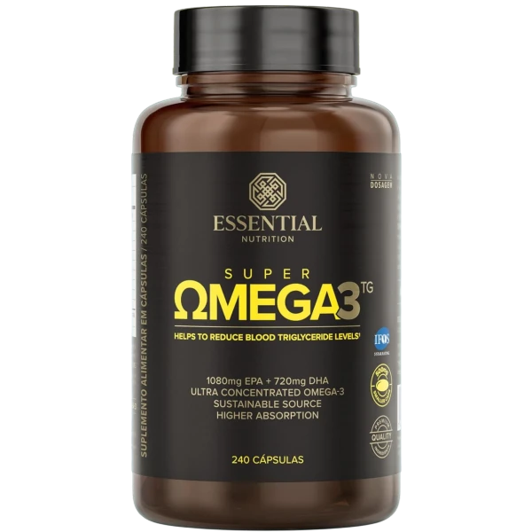 Ômega 3 Essential vs Dux: Qual o melhor em 2026? Super Ômega-3 TG da Essential Nutrition, destacando a tecnologia TG e o selo de pureza IFOS.