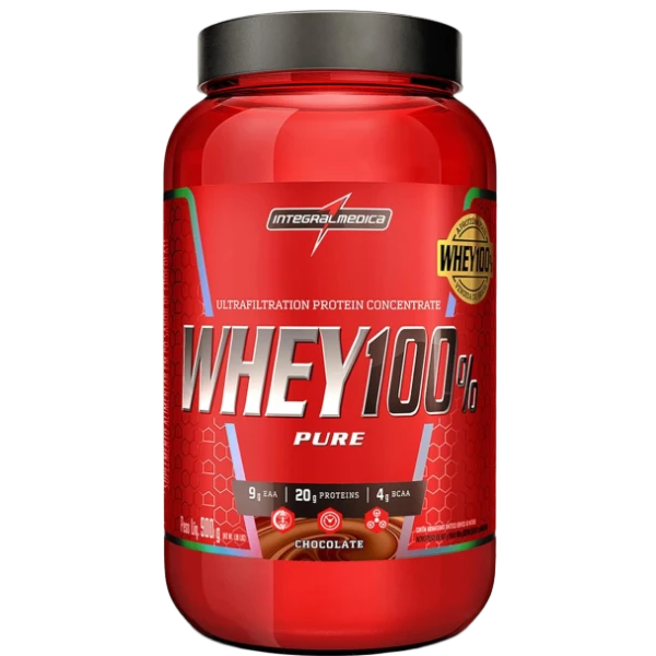 Pote de Whey Protein 100% Pure da Integralmédica, suplemento concentrado de 900g.