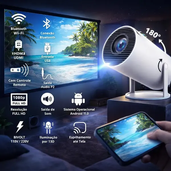 Projetor Smart Portátil HY300 Android 11 branco