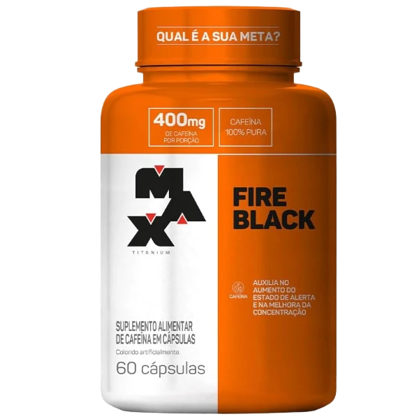 Frasco de Cafeína Fire Black Max Titanium de 60 cápsulas para queima de gordura.
