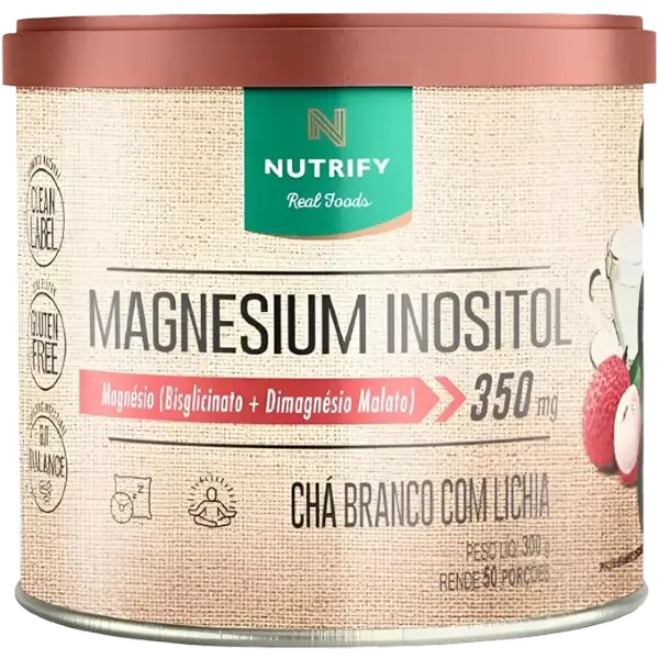 Pote de Magnésio Inositol Nutrify sabor lichia para relaxamento muscular e mental.