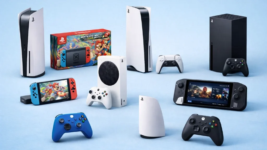 Infográfico comparativo com os melhores consoles para comprar em 2026, incluindo PS5 Pro, Switch 2 e portáteis.