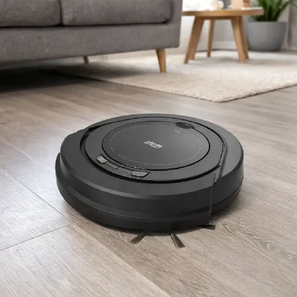 Robô aspirador Wap W90 preto varre aspira e passa pano em piso laminado.