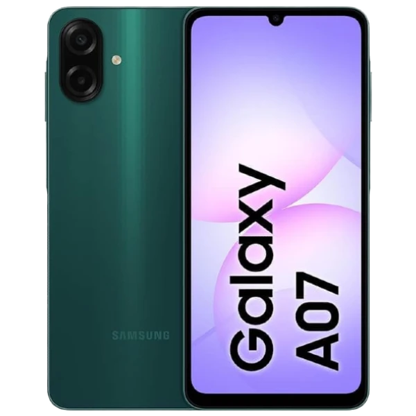 Samsung Galaxy A07 preto com tela de 6.7 polegadas e 128GB.