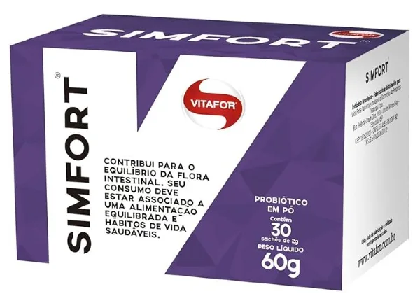 melhor suplemento Embalagem do probiótico Simfort da Vitafor com 30 sachês de 2g.