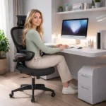 Cadeira de escritório ergonômica com suporte lombar independente e malha respirável preta.