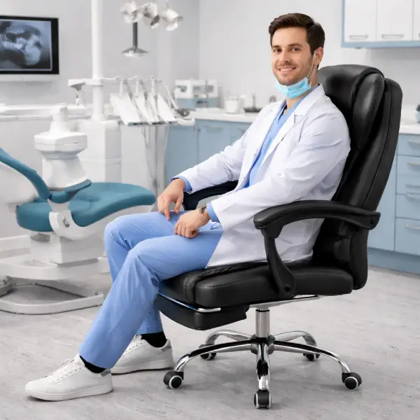 Cadeira de escritório ergonômica com apoio para os pés retrátil e encosto reclinável.