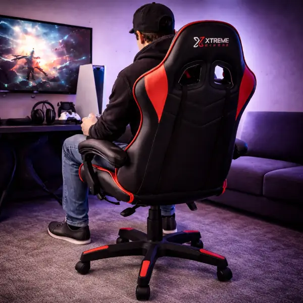 Cadeira Xtreme Gamers Cinesis preta e vermelha, modelo giratório e reclinável.