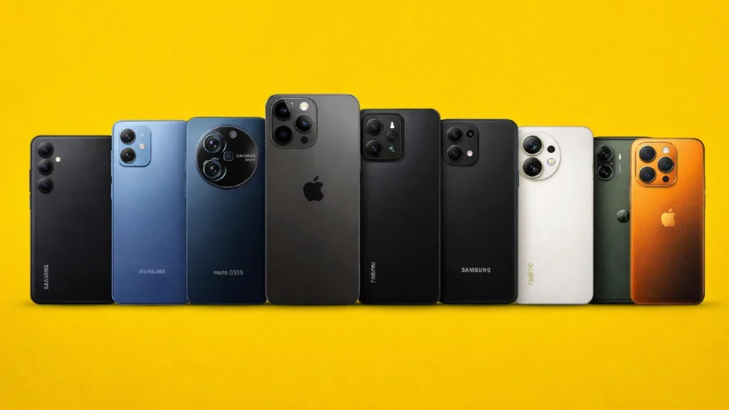 nfográfico mostrando os 10 celulares com as melhores câmeras em 2026 mais vendidos do Brasil organizados em um ranking de qualidade fotográfica.