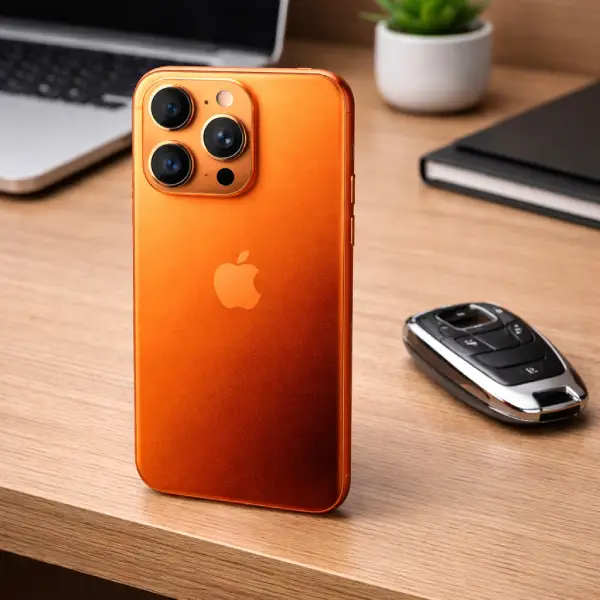iPhone 17 Pro Max na cor Laranja-cósmico destacando seu novo sistema de lentes para cinematografia mobile.