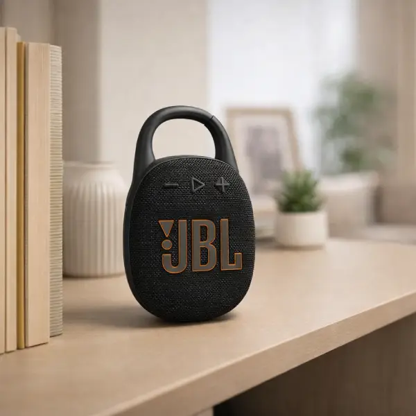 JBL Clip 5 preta presa a uma mochila através do mosquetão integrado.