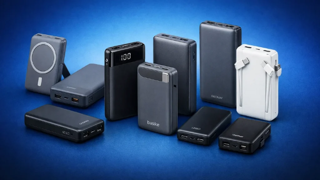 Os 10 melhores carregadores portáteis de 2026 para comprar sem errar: seleção de power banks potentes e compactos sobre uma mesa de escritório.