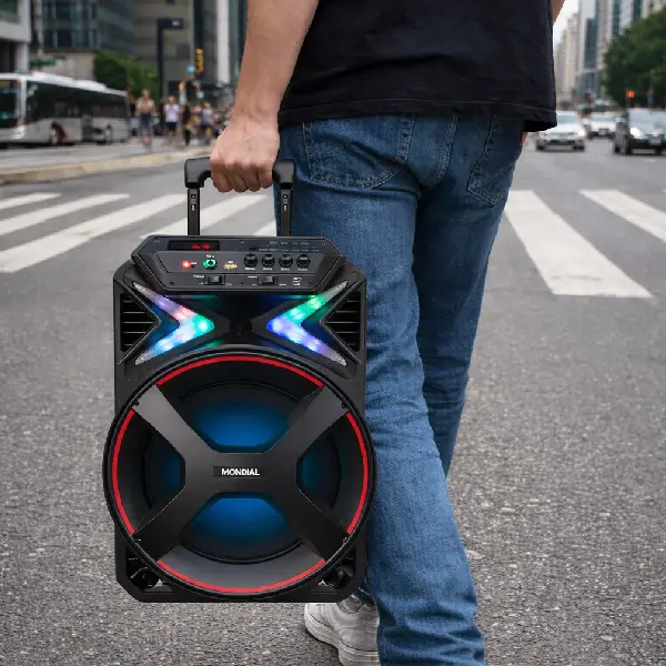 Caixa amplificada Mondial CM-400 com luzes LED coloridas acesas.