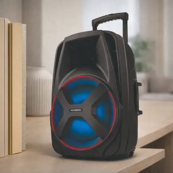 Caixa amplificada Mondial CM-550 grande para festas com rodinhas.