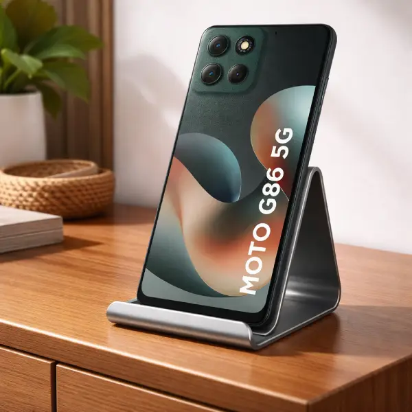 Smartphone Motorola Moto G86 5G na cor verde escuro com 512GB de armazenamento interno.