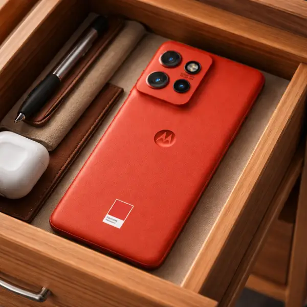 Motorola Edge 50 Neo 5G em couro vegano poinciana com câmera Sony e RAM Boost.