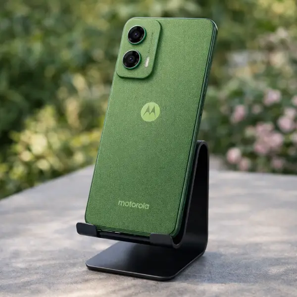 Motorola Moto G35 5G mostrando seu design traseiro e câmera principal de 50MP otimizada por IA.