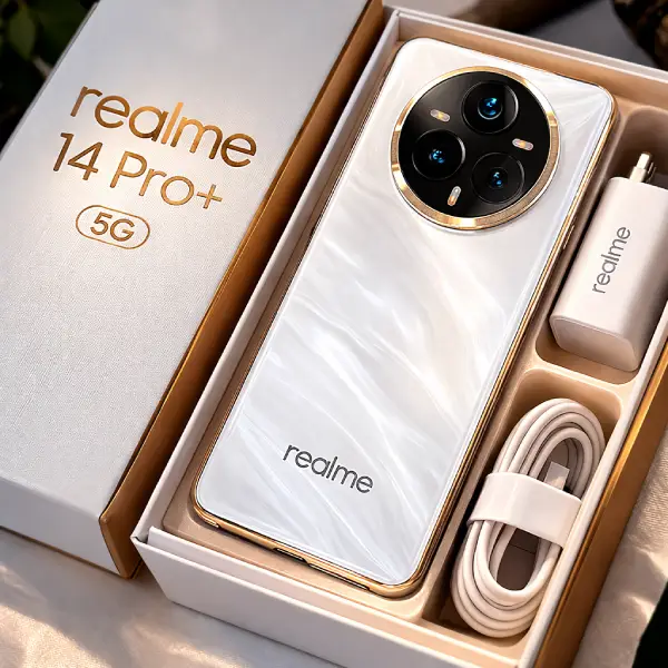 Smartphone Realme 14 Pro Plus branco evidenciando sua lente de zoom periscópico de longo alcance.