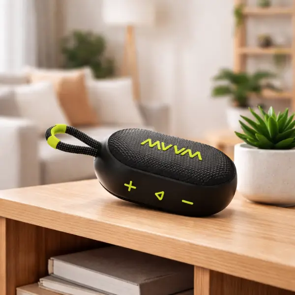 Caixa de som Waaw By Alok Me 110 preta com alça de transporte em ambiente externo.