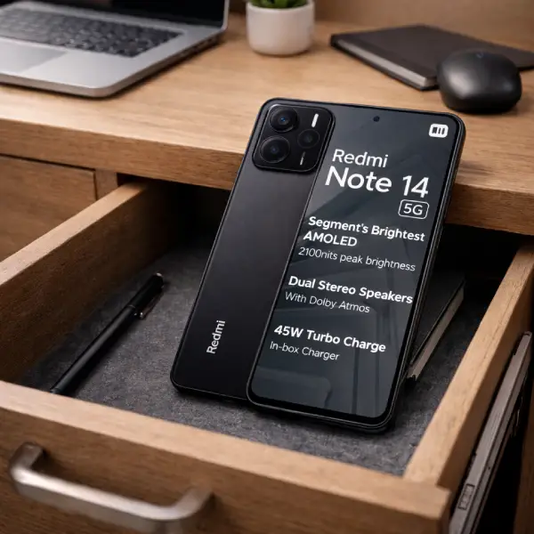 Redmi Note 14 5G preto com 256GB de memória interna.